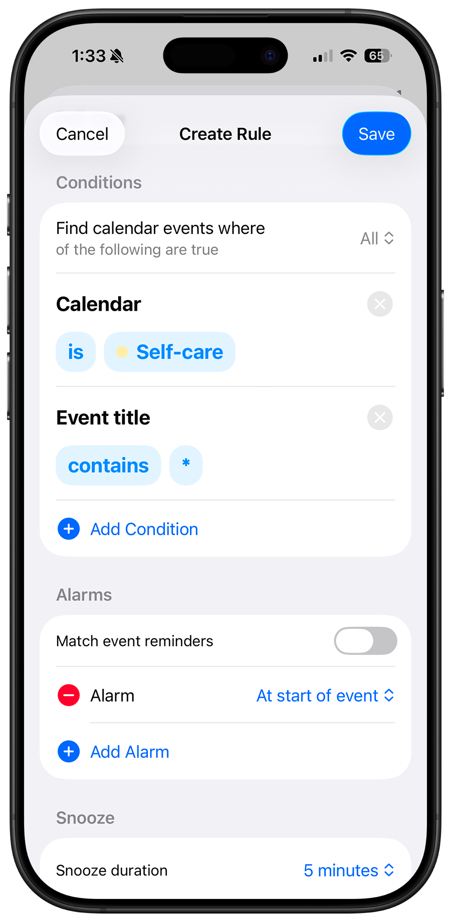 Screenshot of Beacon's rule editor showing a rule that matches calendar events with 'Meeting' in the title and sets an alarm 15 minutes before the event.